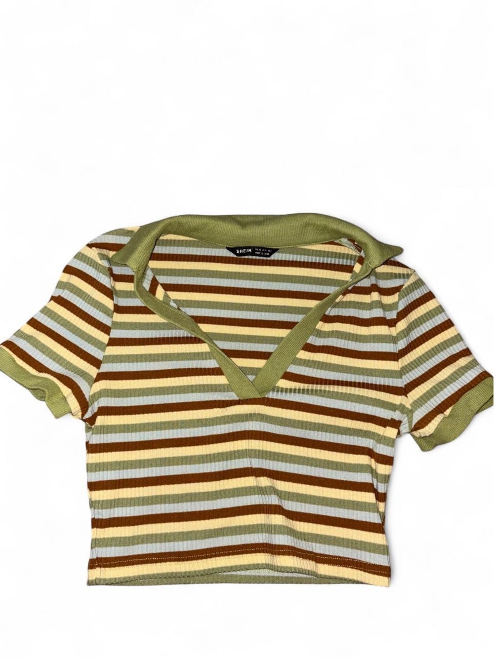 SHEIN Olive, Brown & Cream Striped Ribbed V-Neck Crop Top